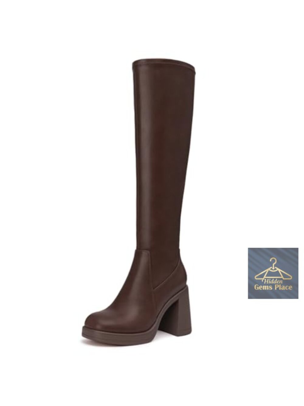 Stretch Knee High Platform Boots Square Toe Block Heel Faux Leather